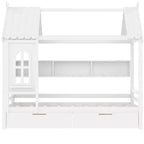 House Platform Bed with Storage Drawers and Window, Solid Wood Frame with Shelves, Childlike Fun Design, Light White