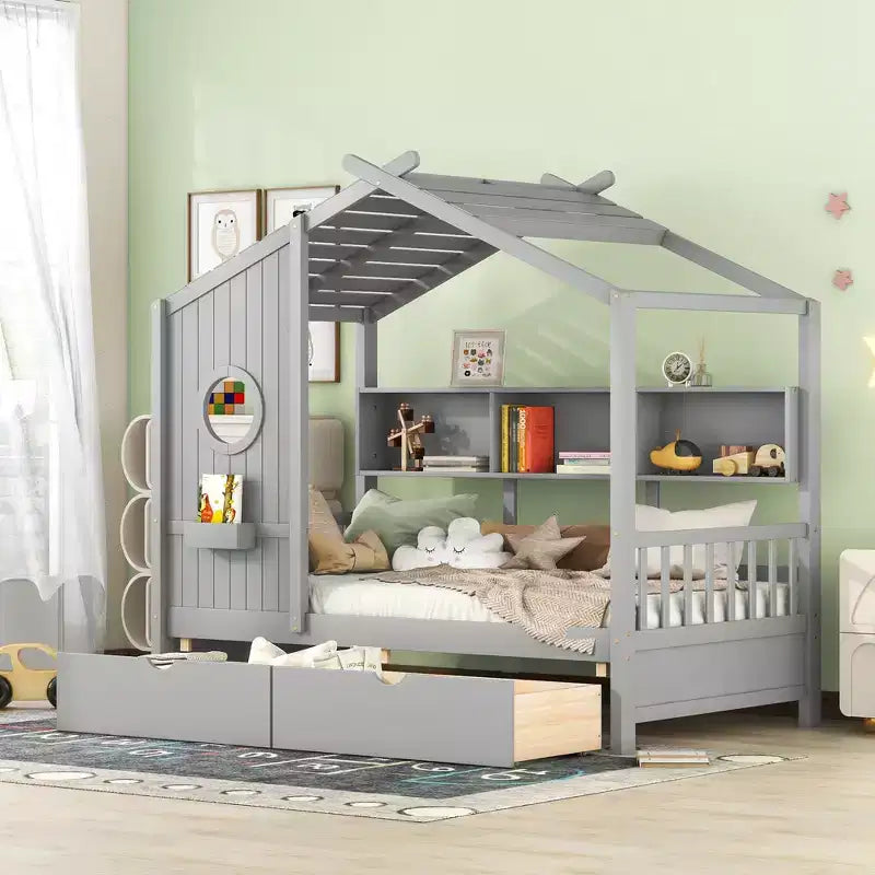 Twin/Full Size Wooden House Bed with 2 Drawers, Kids Bed with Storage Shelf - ModernLuxe
