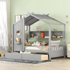 Twin/Full Size Wooden House Bed with 2 Drawers, Kids Bed with Storage Shelf - ModernLuxe