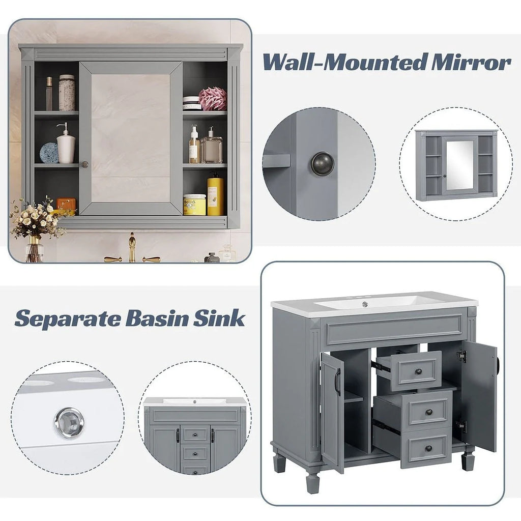 36'' Modern Bathroom Vanity with Top Sink and Mirror Cabinet,2 Doors and 2 Drawers