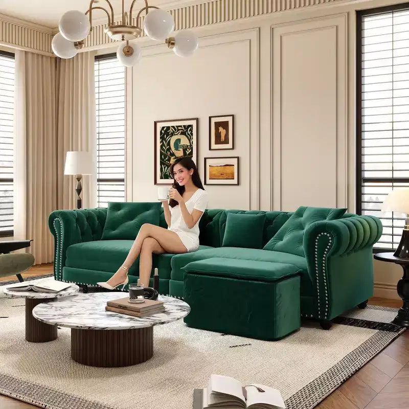 Whisen Velvet 3-in-1 King Size Pull-Out Sofa Bed & Convertible Sleeper Sofa with Movable Ottoman, Tufted Design