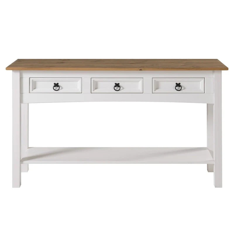 Rustic Solid Pine Console Hall Table, White Wash / Antique Brown / Gray Wash / Unpainted, 3 Drawers