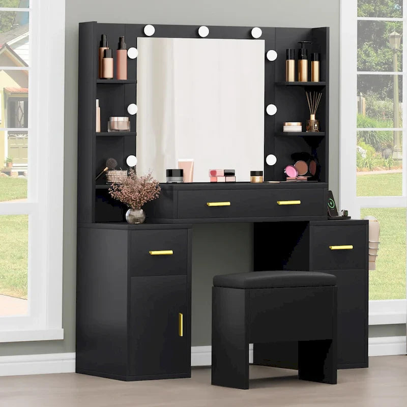 Vanity with Built-In Outlets and Lighted Mirror, 55.1H x 43.3L x 15.74W