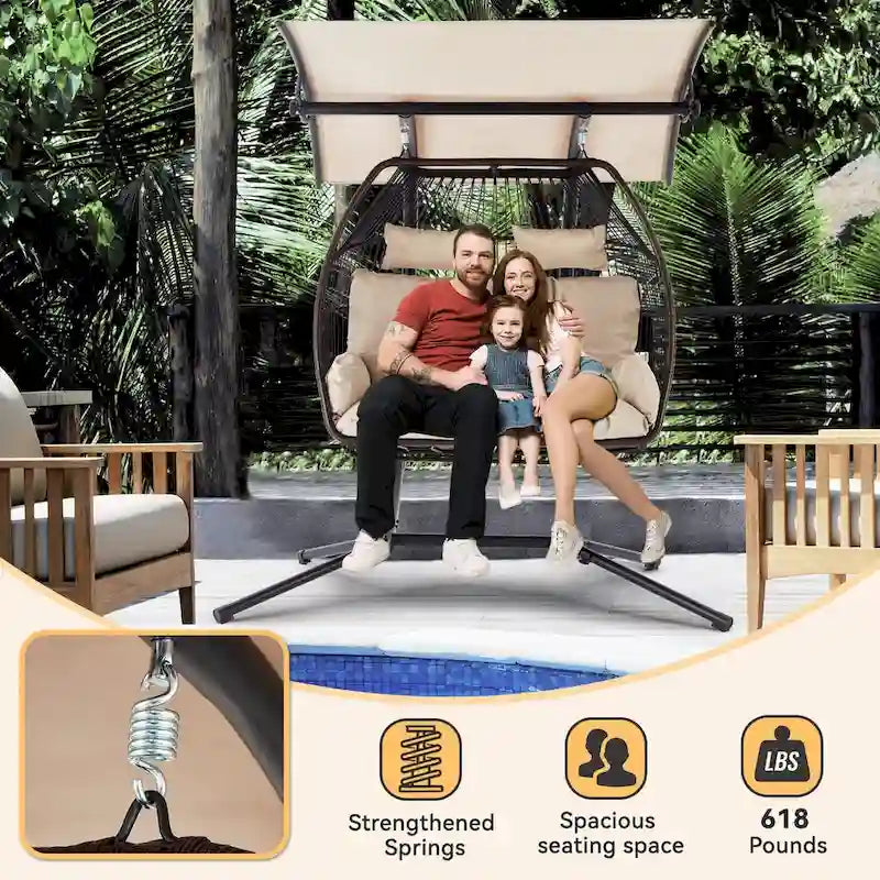 Outdoor Swing Loveseat with Stand, Foldable Hanging Chair, Hammock Cushion, and Awning, Double Egg Chair - Beige