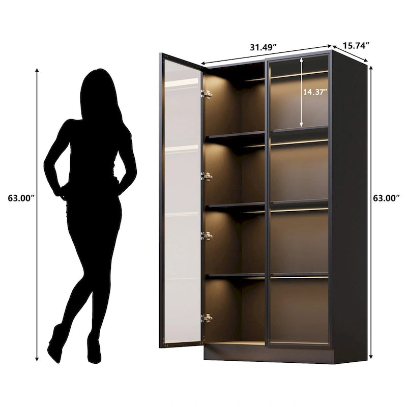 Display Storage Cabinet,Display Cabinet with Tempered Glass Doors, Showcase with 4-Tier Storage Shelves