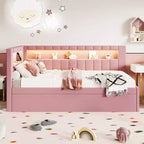 Twin/Full Daybed with Trundle and L-Shaped Bookshelf Headboard, Linen Upholstered Soft Corner Bed with Storage Shelves and LED Belt