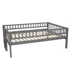 Full Over Full Triple Bunk Bed with Convertible Ladder and Slide, Triple Bed with Guardrails, White/Gray/Espresso - ModernLuxe