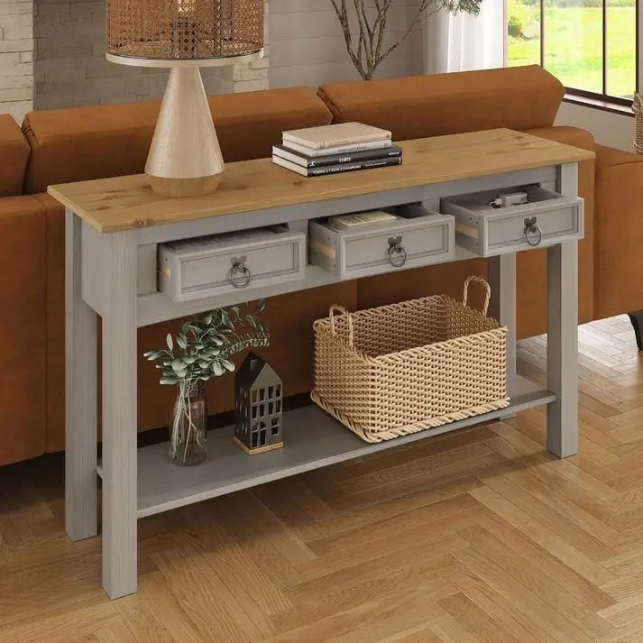 Rustic Solid Pine Console Hall Table, White Wash / Antique Brown / Gray Wash / Unpainted, 3 Drawers