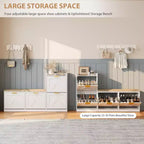 Farmhouse Shoe Cabinet with Bench, 4 Flip Drawers Entryway Shoe Storage Organizer with Comfort Cushioned Seat, Freestanding Shoe Rack Bench