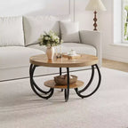 30 Inch Round Industrial Coffee Table 2-Tier with Adjustable Feet Wood Grain Shelf Flame Design Easy Assembly Living Room