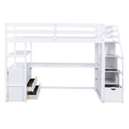 Twin Size Loft Bed with Desk and Shelves, Two Built-in Drawers, Storage Staircase