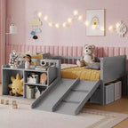 Whisen Twin Size Low Loft Bed Frame for Kids with Slide, Movable Bookshelf Storage, Guardrails, Low Loft Bed Frame