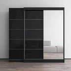 2-Door Wardrobe with Mirror, Glass Front, 2-Person (Gray / Black / White)
