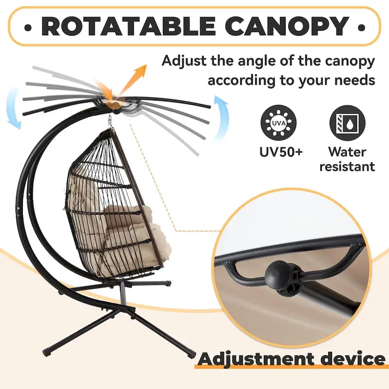 Outdoor Swing Loveseat with Stand, Foldable Hanging Chair, Hammock Cushion, and Awning, Double Egg Chair - Beige