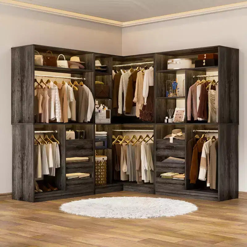Besiost Set of 3 Corner Closet System with Tower Shelves and Drawers, Freestanding Closet Organizer with Hanging Rods