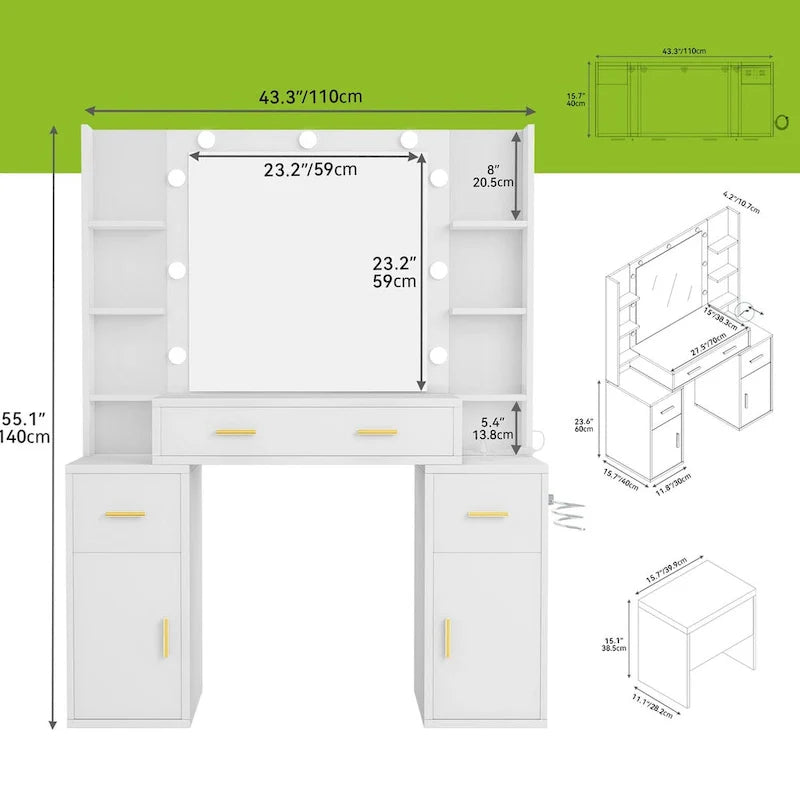 Vanity with Built-In Outlets and Lighted Mirror, 55.1H x 43.3L x 15.74W