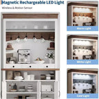 72 Tall Farmhouse Style Coffee Bar Cabinet with LED Lights, Kitchen Buffet Featuring Doors and Drawer, Adjustable Shelves, Spacious Storage