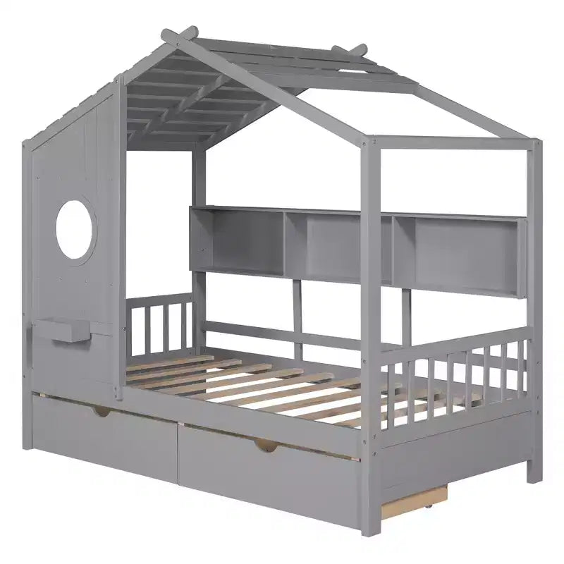 Twin/Full Size Wooden House Bed with 2 Drawers, Kids Bed with Storage Shelf - ModernLuxe