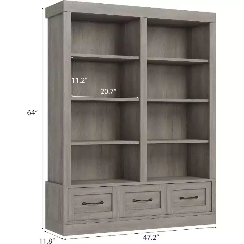64 H Bookshelves and Bookcases, Bookshelf with 3 Storage Drawers4 Tier Double Wide Open Shelffor Office Living Room