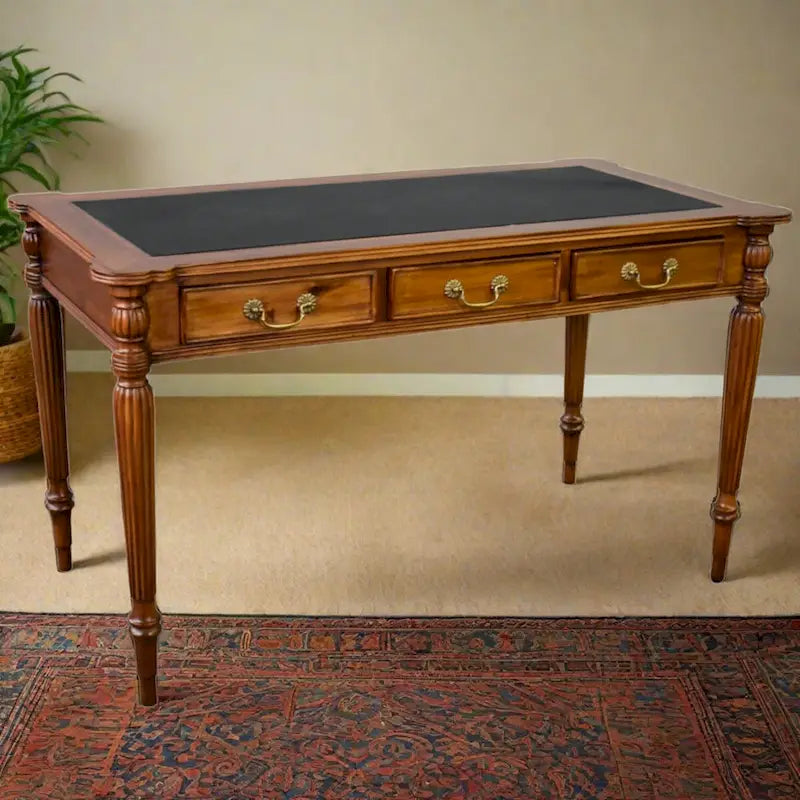 Dark Brown / Light Brown Victorian-Style Solid Mahogany Desk with Black Leather Top and 3 Drawers – Single Unit