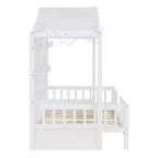 Twin Size House Bed with Storage Shelves and Rails, Wood Kids Montessori Bed Frame with Window and Sparkling Light Strip