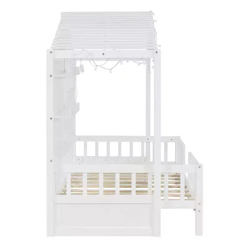 Twin Size House Bed with Storage Shelves and Rails, Wood Kids Montessori Bed Frame with Window and Sparkling Light Strip