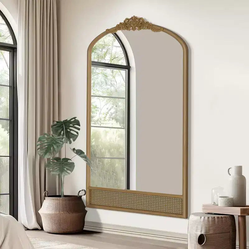 37 in. W x 71 in. H Classic Carved Arch Wood Frame with Rattan Bottom Wall Mirror in Brown