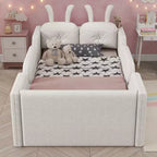 Whisen Twin - Letto a piattaforma, Letto imbottito da pavimento per bambini con cuscino a coniglio, Sponde laterali rimovibili