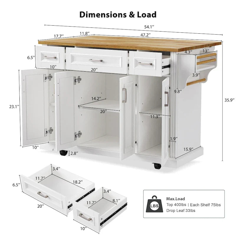 Large Kitchen Island with Wood Drop Leaf, Embossed Texture Rolling Kitchen Cart wDoors and Drawers wStorage for Kitchen, White