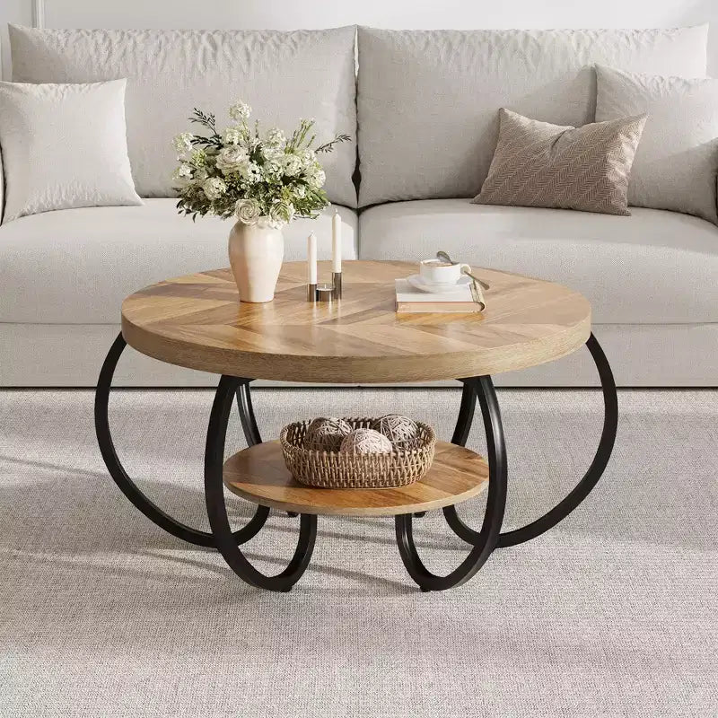 30 Inch Round Industrial Coffee Table 2-Tier with Adjustable Feet Wood Grain Shelf Flame Design Easy Assembly Living Room