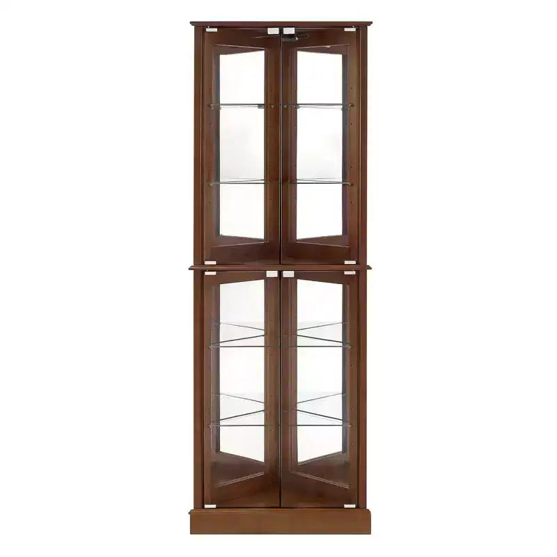 Corner Curio Cabinet, Cherry/Walnut, 4-Door Glass Display Cabinet