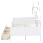 Full Size House Bed Frame with Drawers, House Platform Bed with LED Lights, Storage Shelves & Drawers, Wood Daybed with Roof and Guardrail
