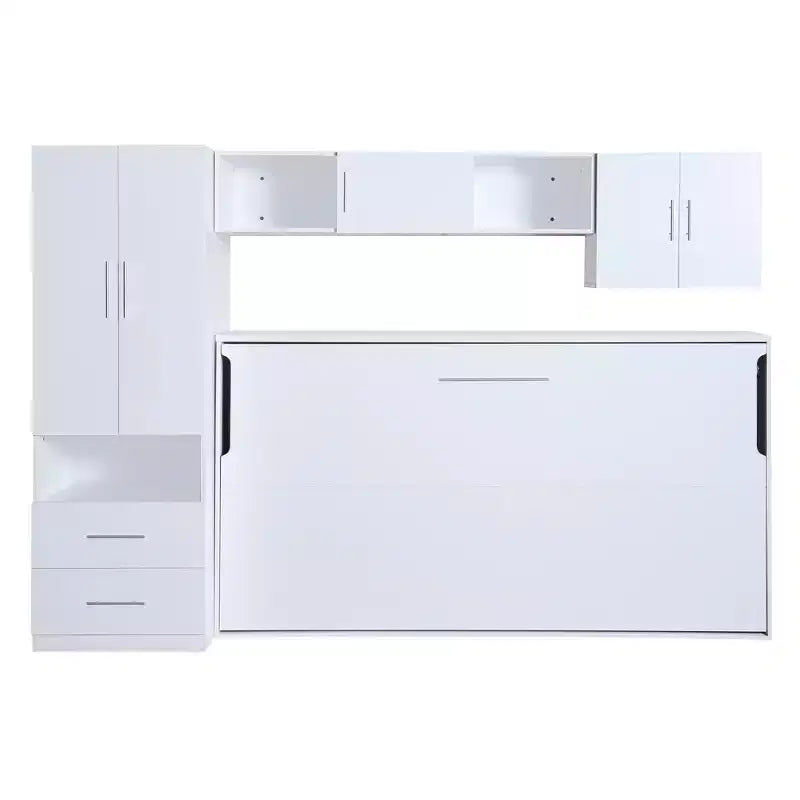 Twin Size Murphy Bed Wall Bed Frame, Wood Cabinet Bed with Built-in Wardrobe, Storage Drawers and Open Shelves, White -ModernLuxe