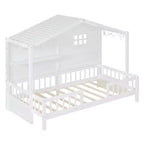 Twin Size House Bed with Storage Shelves and Rails, Wood Kids Montessori Bed Frame with Window and Sparkling Light Strip