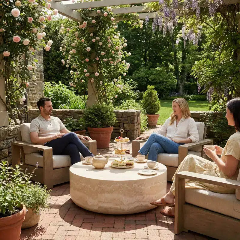 Tavolino da caffè rotondo JVNOXK da 99,98 cm, con texture effetto travertino, tavolino da salotto moderno con motivo effetto marmo (nessun assemblaggio richiesto)