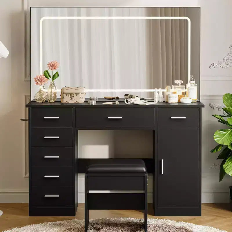 Modern Vanity Desk with Large Mirror, 7 Drawers, LED Lights, Chair, 3 Light Modes, Hair Dryer Holder and Charging Station for Bedroom