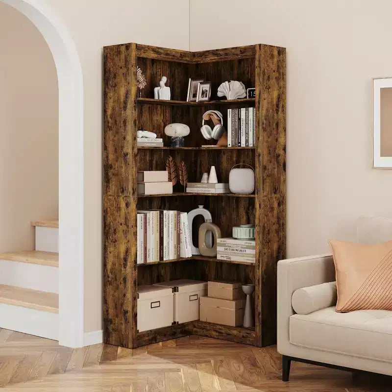 Black/White/Wood/Retro, L-Shaped Corner Bookshelf, 5-Tier, Single