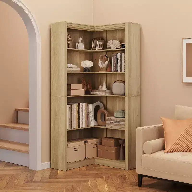 Black/White/Wood/Retro, L-Shaped Corner Bookshelf, 5-Tier, Single