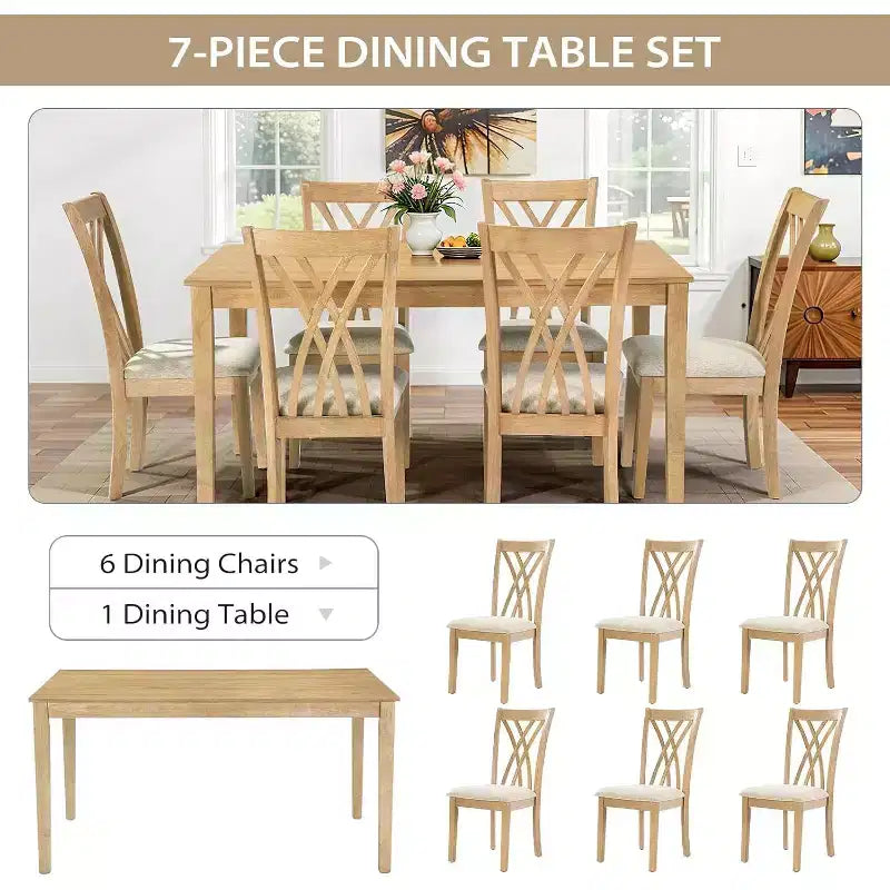Zevemomo7-Piece Solid Wood Dining Table Set with 6 Upholstered Chairs,Space Saving Dinner Table&Chairs Set,for Dining Room, Kitchen,Natural Wood Color