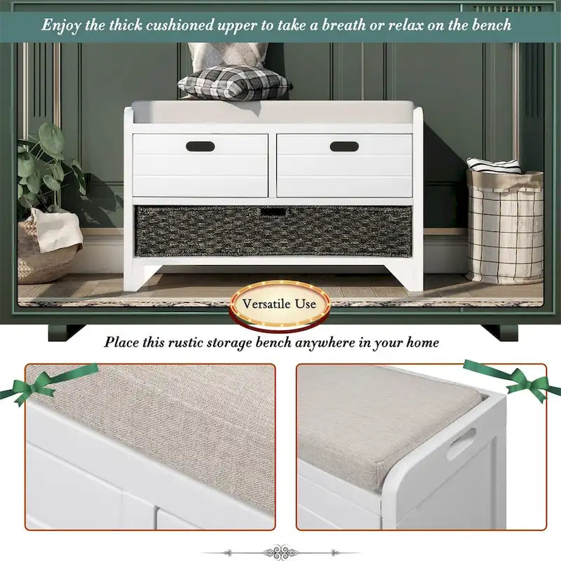 Wood Storage Bench with 2 Woven Baskets