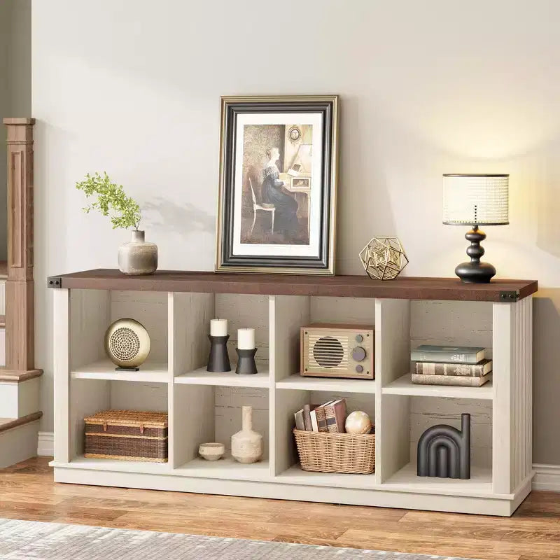 8 Cube Storage Organizer Bookshelf, Farmhouse Horizontal Bookcase, 62 Inch Wood Storage Bookcase for Entryway, Long Low Bookshelves for Living Room