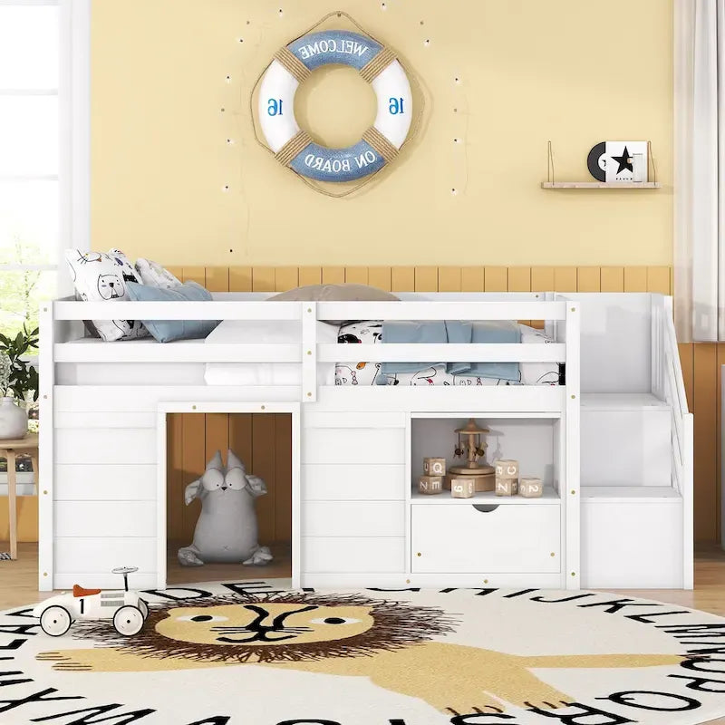 TWIN BED, SOLID WOOD TWIN SIZE LOW LOFT BED WITH STAIR, DRAWER, AND SHELF OF GREY COLOR