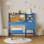 Kids Desk and Chair Set, Wooden Study Table with Adjustable Tilt Desktop, Drawers & Cork Board - Children School Learning Desk Set