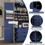 Tall Kitchen Pantry Cabinet with Power Outlets, Large Freestanding Cupboard with Microwave Stand, Drawers, Shelves, Wine Racks & Door-Shelf