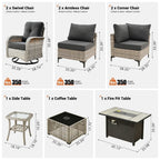 OVIOS 9 Pieces Outdoor Wicker Swivel Chair Set With Fire Table