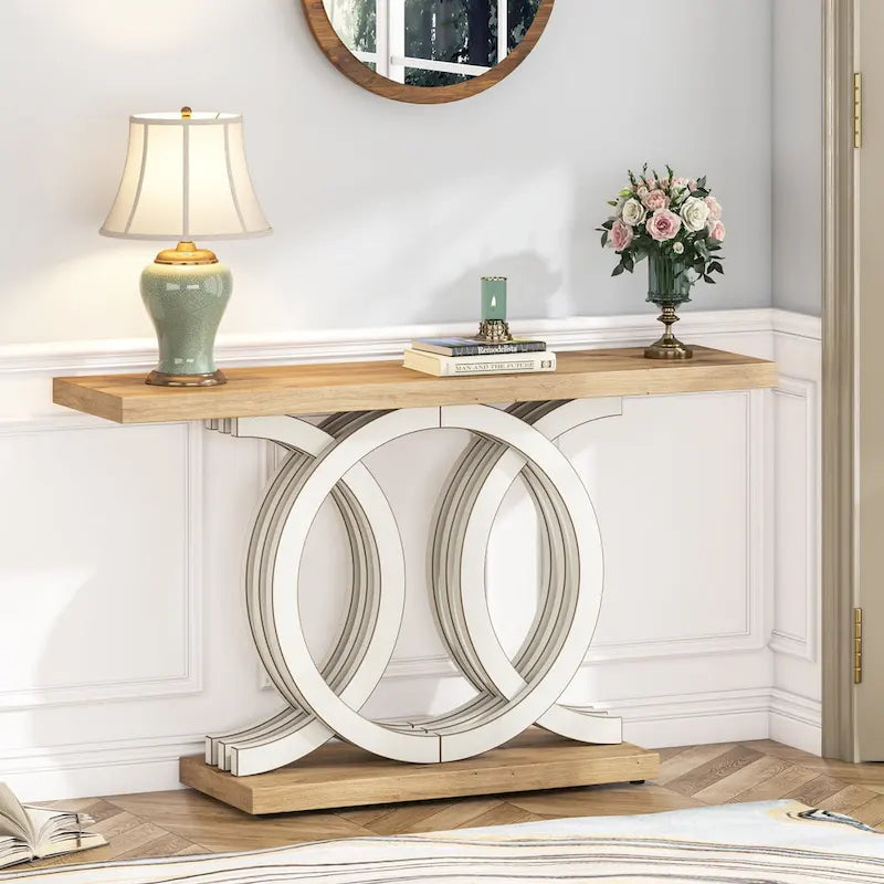 Vintage Console Table with Geometric Base Wooden Hallway Table
