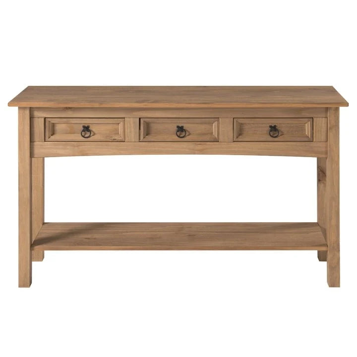 Rustic Solid Pine Console Hall Table, White Wash / Antique Brown / Gray Wash / Unpainted, 3 Drawers