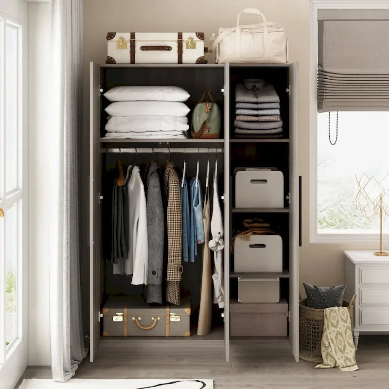 Wardrobe Armoire Wooden Closet Cabinet 6 Storage Cube and Hanging Rod