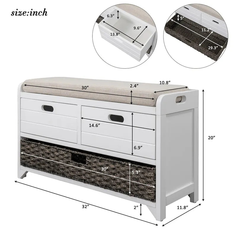 Wood Storage Bench with 2 Woven Baskets