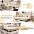 Whisen Velvet 3-in-1 King Size Pull-Out Sofa Bed & Convertible Sleeper Sofa with Movable Ottoman, Tufted Design